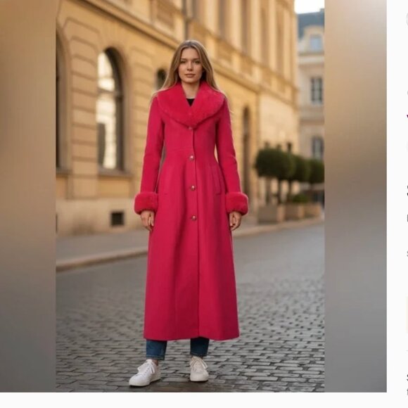 NEW VENUS RED MAXI LONG COAT FAUX FUR COLLAR CUFFS XMAS HOLIDAY GLAM - Picture 3 of 10